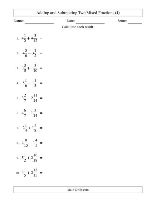 The Adding and Subtracting Two Mixed Fractions with Similar Denominators, Mixed Fractions Results and Some Simplifying (J) Math Worksheet