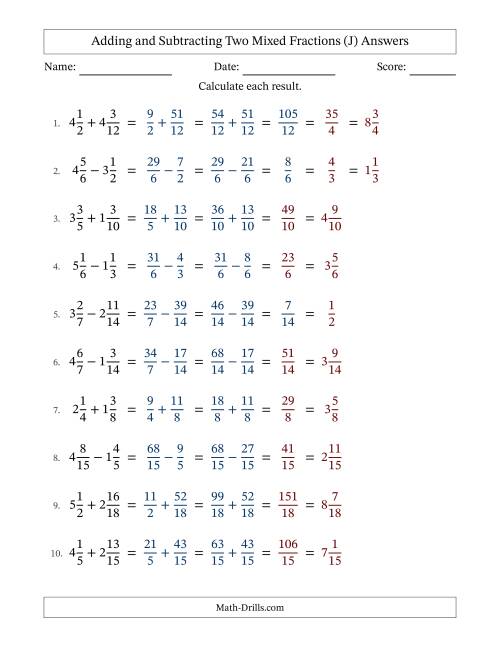 The Adding and Subtracting Two Mixed Fractions with Similar Denominators, Mixed Fractions Results and Some Simplifying (J) Math Worksheet Page 2