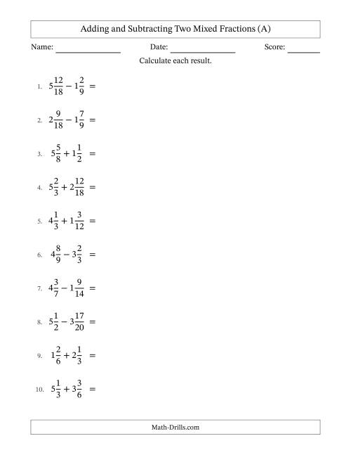 The Adding and Subtracting Two Mixed Fractions with Similar Denominators, Mixed Fractions Results and Some Simplifying (All) Math Worksheet