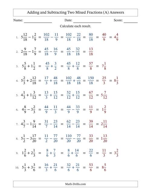 The Adding and Subtracting Two Mixed Fractions with Similar Denominators, Mixed Fractions Results and Some Simplifying (All) Math Worksheet Page 2