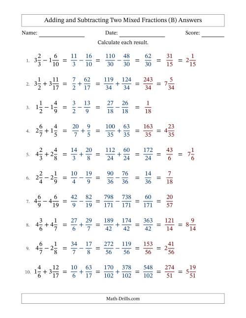 The Adding and Subtracting Two Mixed Fractions with Unlike Denominators, Mixed Fractions Results and Some Simplifying (B) Math Worksheet Page 2