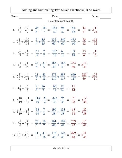 The Adding and Subtracting Two Mixed Fractions with Unlike Denominators, Mixed Fractions Results and Some Simplifying (C) Math Worksheet Page 2