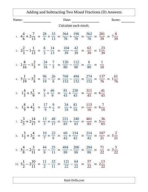 The Adding and Subtracting Two Mixed Fractions with Unlike Denominators, Mixed Fractions Results and Some Simplifying (D) Math Worksheet Page 2