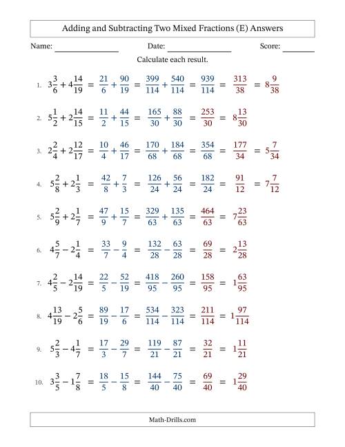 The Adding and Subtracting Two Mixed Fractions with Unlike Denominators, Mixed Fractions Results and Some Simplifying (E) Math Worksheet Page 2