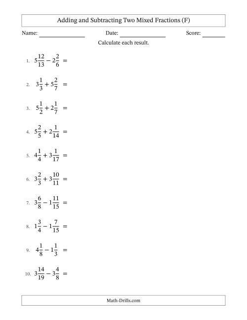 The Adding and Subtracting Two Mixed Fractions with Unlike Denominators, Mixed Fractions Results and Some Simplifying (F) Math Worksheet