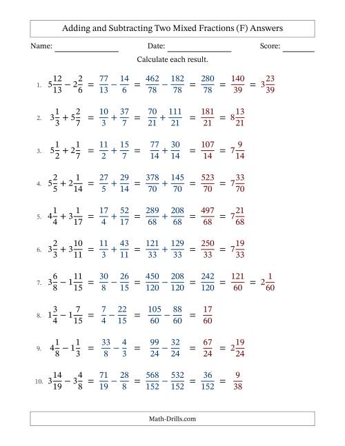 The Adding and Subtracting Two Mixed Fractions with Unlike Denominators, Mixed Fractions Results and Some Simplifying (F) Math Worksheet Page 2