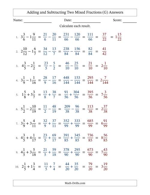 The Adding and Subtracting Two Mixed Fractions with Unlike Denominators, Mixed Fractions Results and Some Simplifying (G) Math Worksheet Page 2