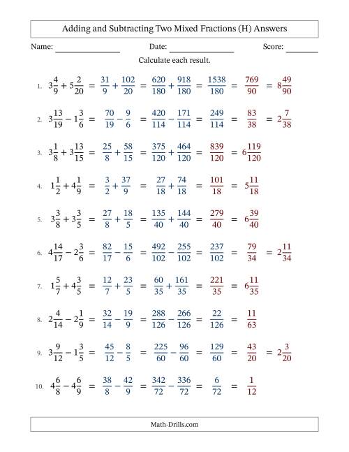 The Adding and Subtracting Two Mixed Fractions with Unlike Denominators, Mixed Fractions Results and Some Simplifying (H) Math Worksheet Page 2