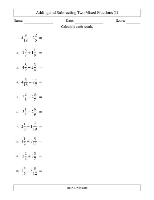 The Adding and Subtracting Two Mixed Fractions with Unlike Denominators, Mixed Fractions Results and Some Simplifying (I) Math Worksheet