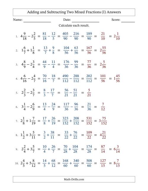 The Adding and Subtracting Two Mixed Fractions with Unlike Denominators, Mixed Fractions Results and Some Simplifying (I) Math Worksheet Page 2