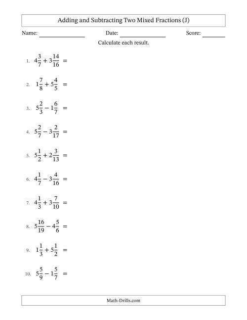 The Adding and Subtracting Two Mixed Fractions with Unlike Denominators, Mixed Fractions Results and Some Simplifying (J) Math Worksheet