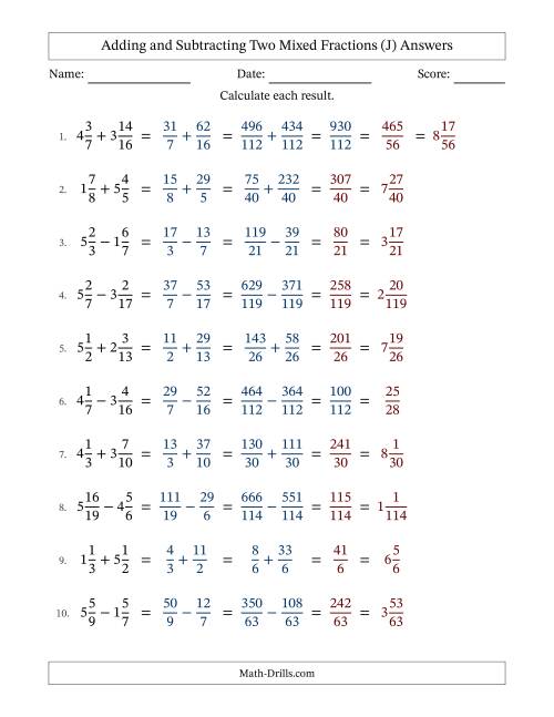 The Adding and Subtracting Two Mixed Fractions with Unlike Denominators, Mixed Fractions Results and Some Simplifying (J) Math Worksheet Page 2