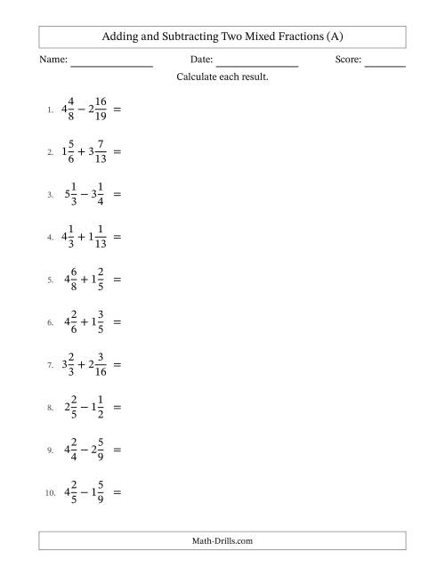 The Adding and Subtracting Two Mixed Fractions with Unlike Denominators, Mixed Fractions Results and Some Simplifying (All) Math Worksheet