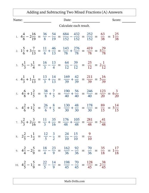 The Adding and Subtracting Two Mixed Fractions with Unlike Denominators, Mixed Fractions Results and Some Simplifying (All) Math Worksheet Page 2