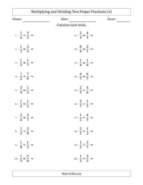 The Multiplying and Dividing Two Proper Fractions with No Simplifying (A) Math Worksheet