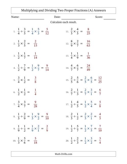 The Multiplying and Dividing Two Proper Fractions with No Simplifying (A) Math Worksheet Page 2