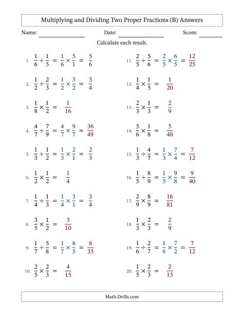 The Multiplying and Dividing Two Proper Fractions with No Simplifying (B) Math Worksheet Page 2