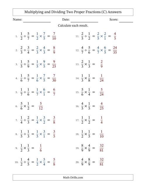 The Multiplying and Dividing Two Proper Fractions with No Simplifying (C) Math Worksheet Page 2