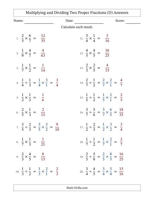 The Multiplying and Dividing Two Proper Fractions with No Simplifying (D) Math Worksheet Page 2