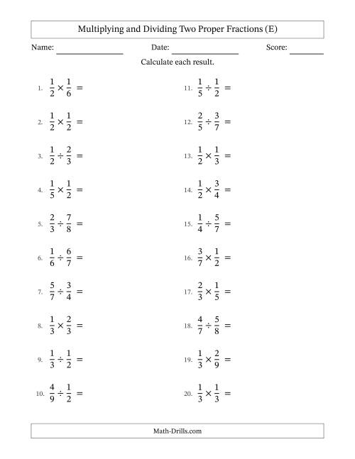 The Multiplying and Dividing Two Proper Fractions with No Simplifying (E) Math Worksheet
