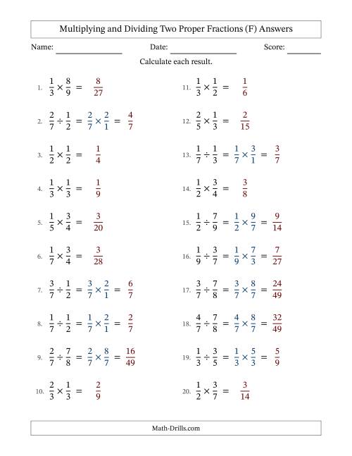 The Multiplying and Dividing Two Proper Fractions with No Simplifying (F) Math Worksheet Page 2