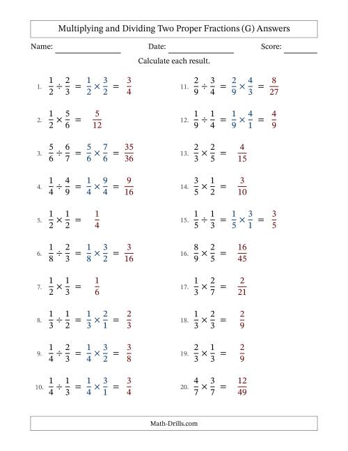 The Multiplying and Dividing Two Proper Fractions with No Simplifying (G) Math Worksheet Page 2