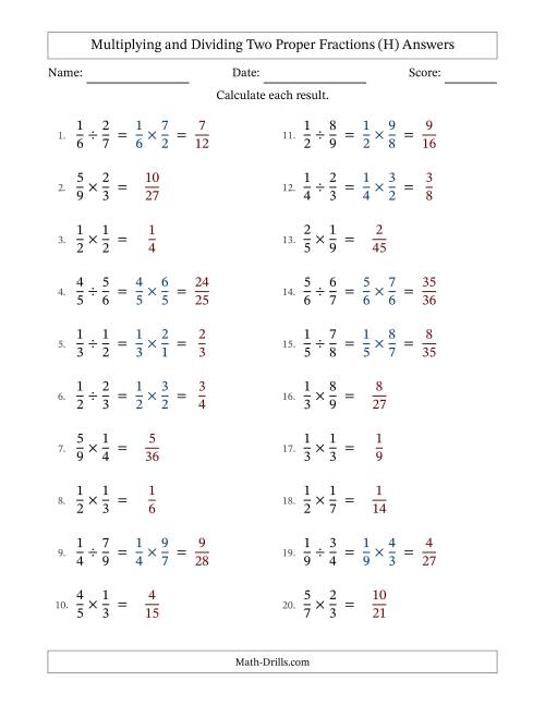 The Multiplying and Dividing Two Proper Fractions with No Simplifying (H) Math Worksheet Page 2