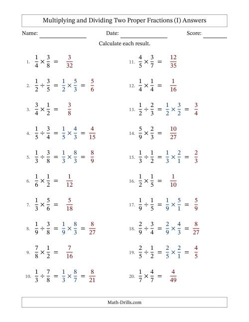 The Multiplying and Dividing Two Proper Fractions with No Simplifying (I) Math Worksheet Page 2