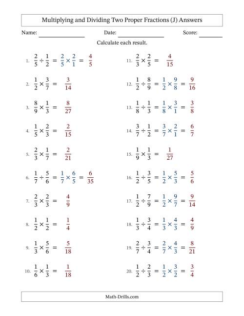 The Multiplying and Dividing Two Proper Fractions with No Simplifying (J) Math Worksheet Page 2