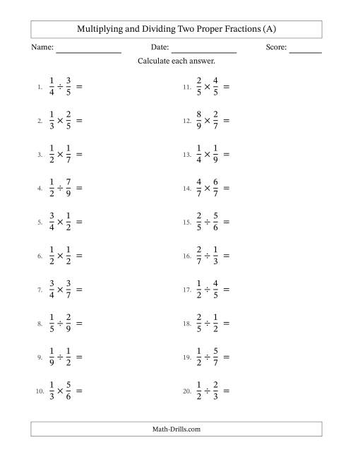 The Multiplying and Dividing Two Proper Fractions with No Simplifying (All) Math Worksheet
