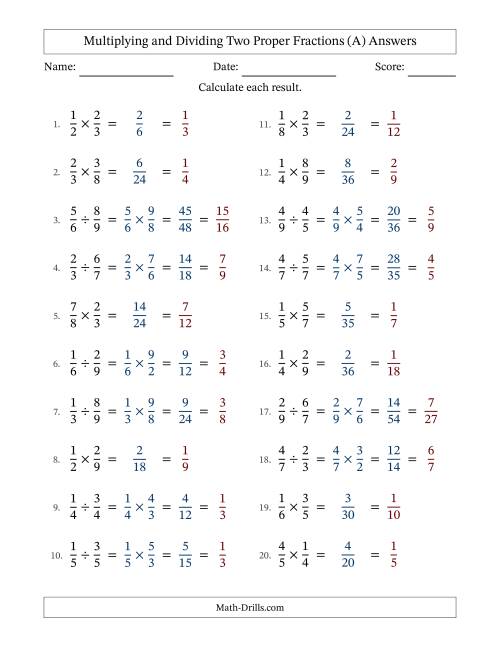The Multiplying and Dividing Two Proper Fractions with All Simplifying (A) Math Worksheet Page 2