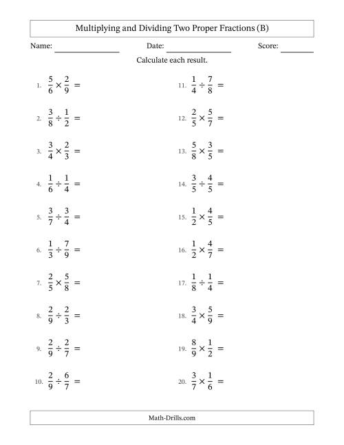 The Multiplying and Dividing Two Proper Fractions with All Simplifying (B) Math Worksheet