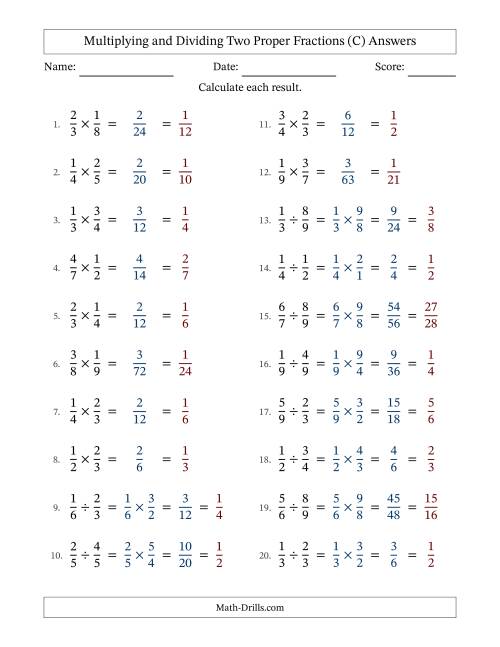 The Multiplying and Dividing Two Proper Fractions with All Simplifying (C) Math Worksheet Page 2