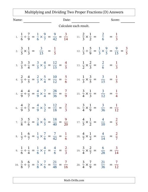 The Multiplying and Dividing Two Proper Fractions with All Simplifying (D) Math Worksheet Page 2