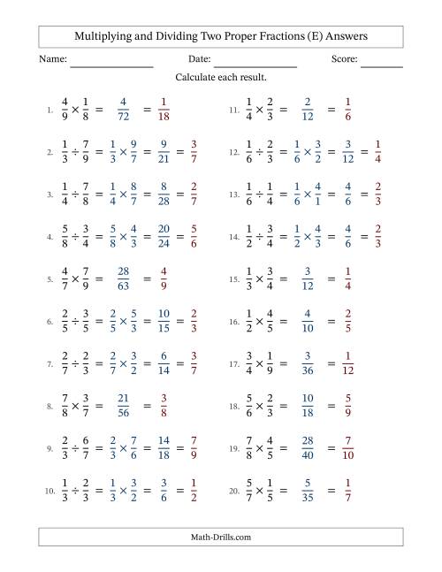 The Multiplying and Dividing Two Proper Fractions with All Simplifying (E) Math Worksheet Page 2