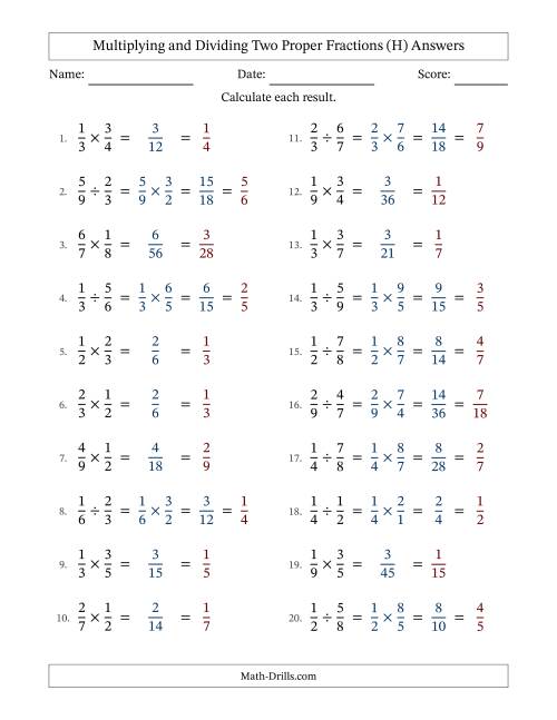 The Multiplying and Dividing Two Proper Fractions with All Simplifying (H) Math Worksheet Page 2