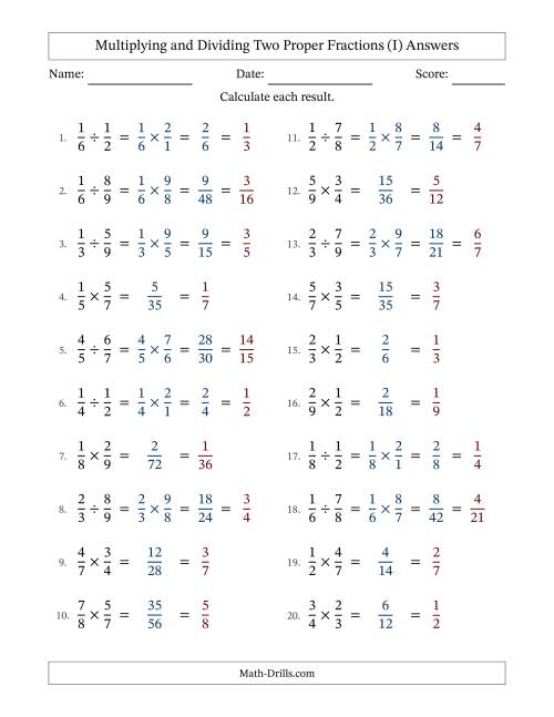 The Multiplying and Dividing Two Proper Fractions with All Simplifying (I) Math Worksheet Page 2