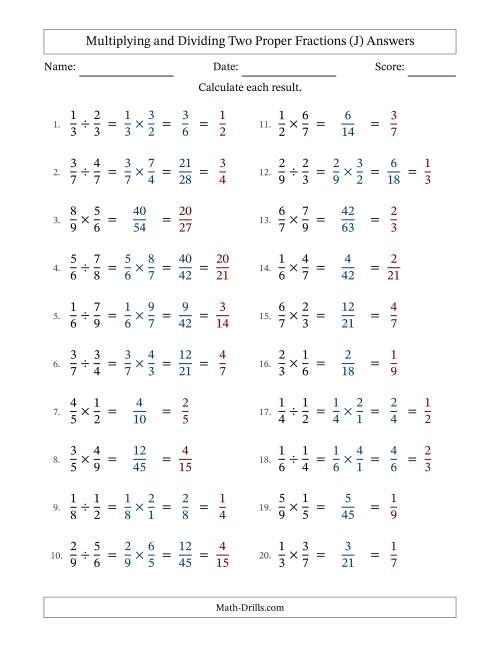 The Multiplying and Dividing Two Proper Fractions with All Simplifying (J) Math Worksheet Page 2