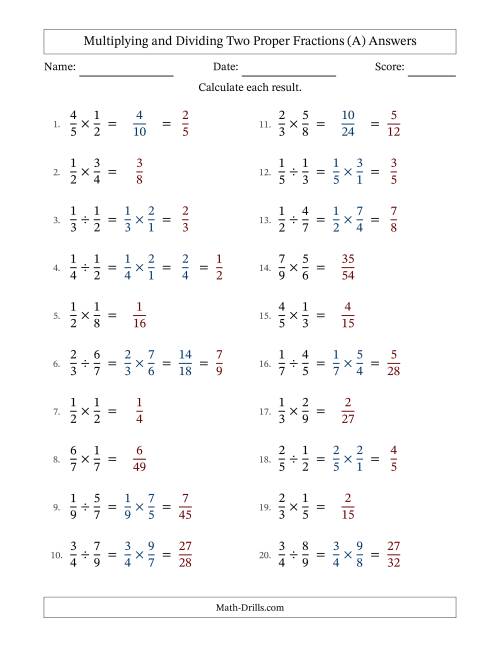 The Multiplying and Dividing Two Proper Fractions with Some Simplifying (A) Math Worksheet Page 2