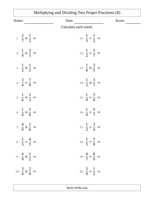 The Multiplying and Dividing Two Proper Fractions with Some Simplifying (B) Math Worksheet