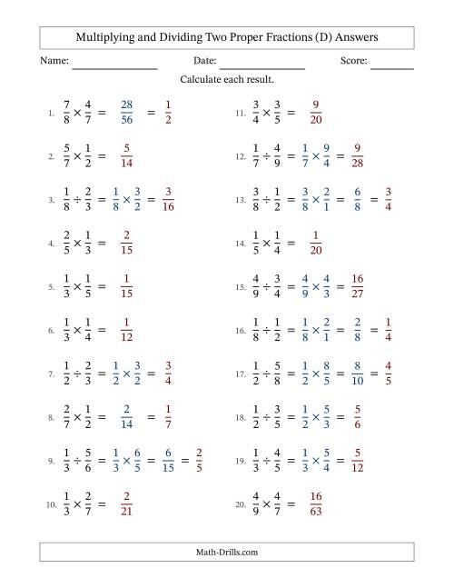 The Multiplying and Dividing Two Proper Fractions with Some Simplifying (D) Math Worksheet Page 2