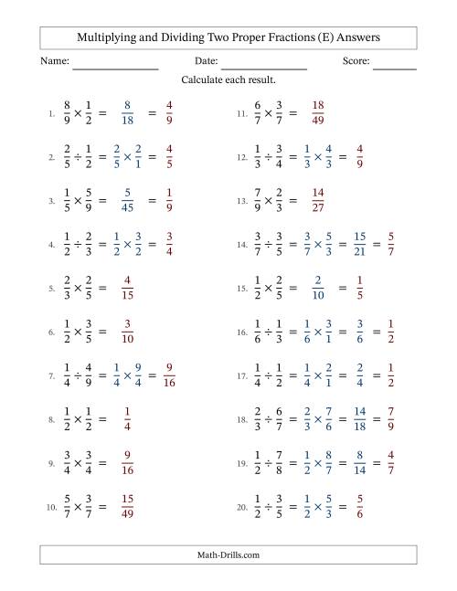 The Multiplying and Dividing Two Proper Fractions with Some Simplifying (E) Math Worksheet Page 2