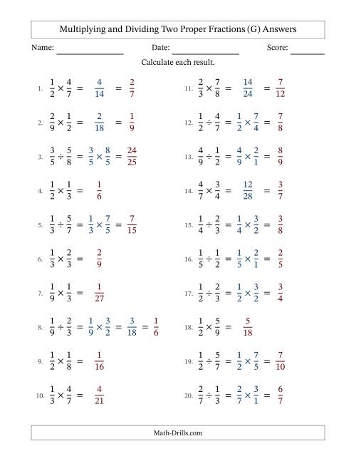 The Multiplying and Dividing Two Proper Fractions with Some Simplifying (G) Math Worksheet Page 2