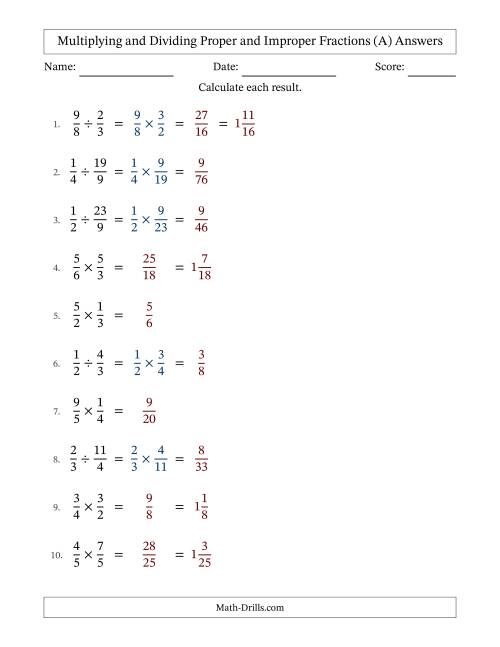 The Multiplying and Dividing Proper and Improper Fractions with No Simplifying (A) Math Worksheet Page 2
