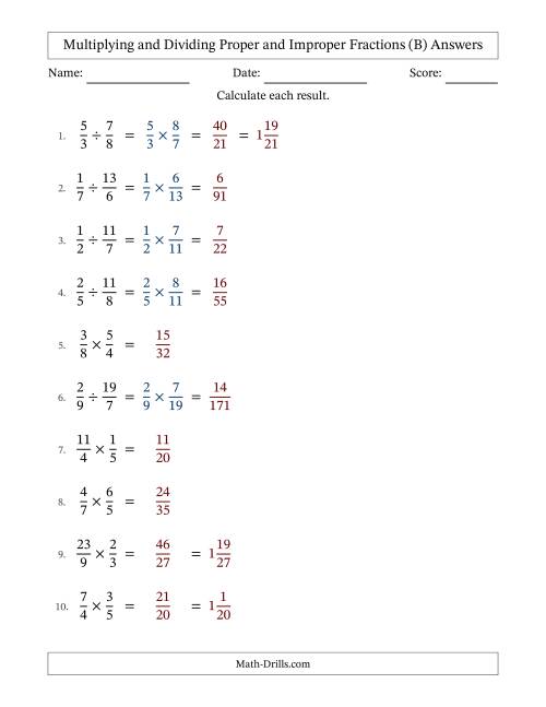 The Multiplying and Dividing Proper and Improper Fractions with No Simplifying (B) Math Worksheet Page 2