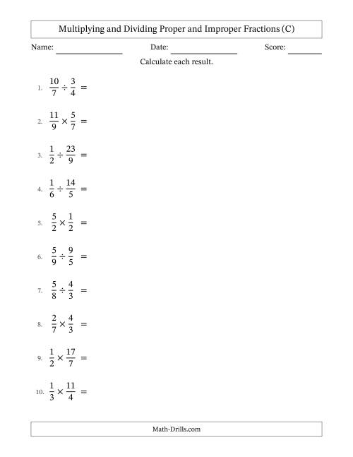 The Multiplying and Dividing Proper and Improper Fractions with No Simplifying (C) Math Worksheet