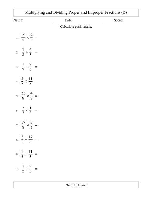 The Multiplying and Dividing Proper and Improper Fractions with No Simplifying (D) Math Worksheet