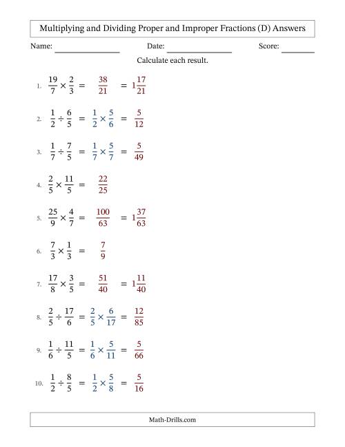 The Multiplying and Dividing Proper and Improper Fractions with No Simplifying (D) Math Worksheet Page 2