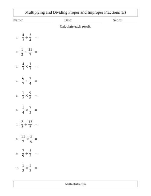 The Multiplying and Dividing Proper and Improper Fractions with No Simplifying (E) Math Worksheet