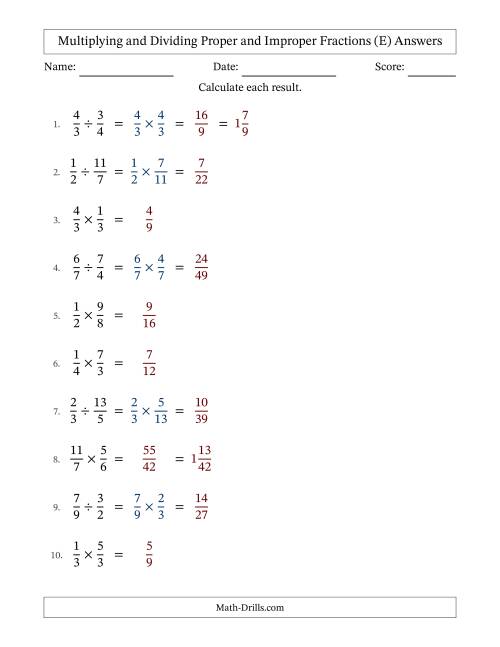 The Multiplying and Dividing Proper and Improper Fractions with No Simplifying (E) Math Worksheet Page 2
